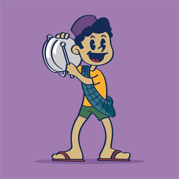 Cartoon character a boy running with a sarong and sandal hit the pan vector hand drawing