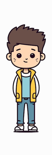 A cartoon character of a boy wearing a yellow jacket and blue shorts.