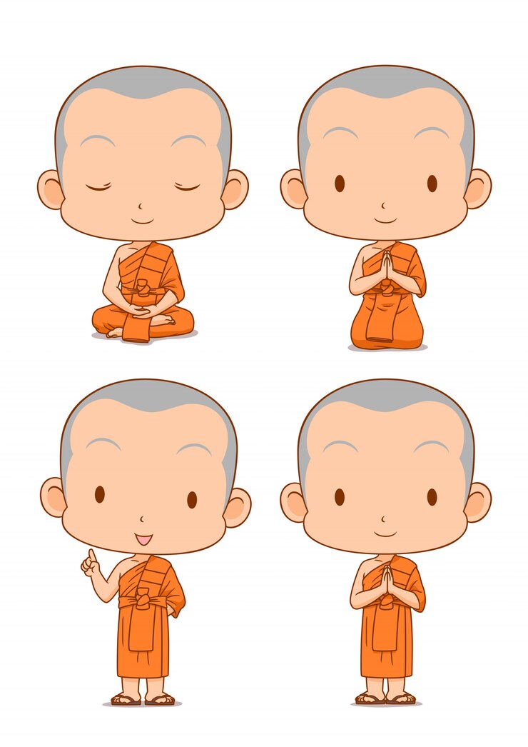 Vector cartoon character of buddhist monks in different poses.
