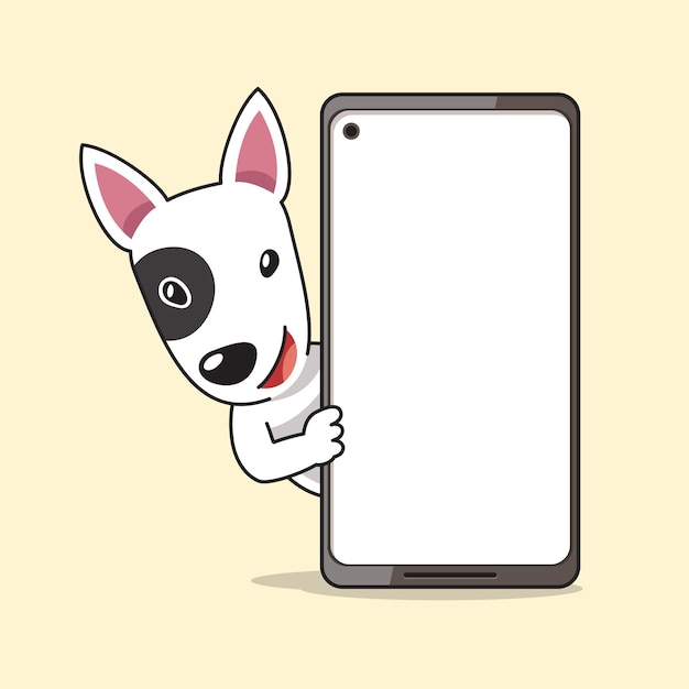 漫画のキャラクターのブルテリア犬とスマートフォン