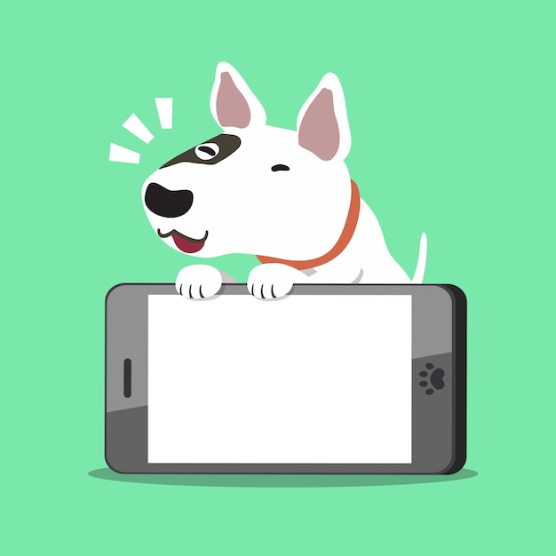 Vector cartoon character bull terrier dog with a big smartphone