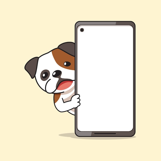 Cartoon character bulldog and smartphone