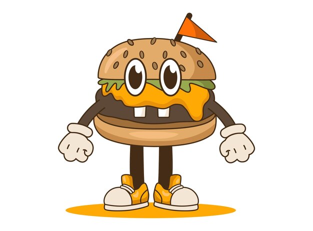 Vector cartoon character burger retro isolated white background