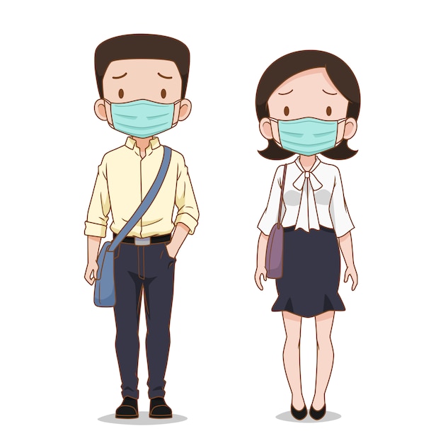 Cartoon character of business man and woman wearing hygienic mask.