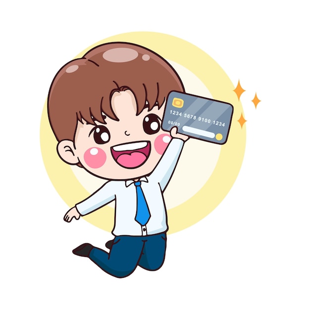 Cartoon character businessman holding credit card while jumping, financial concept