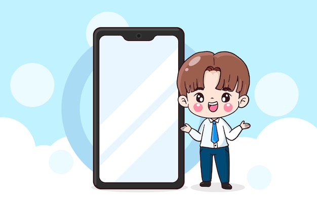 cartoon character businessman is stand with smartphone, blank space, flat illustration