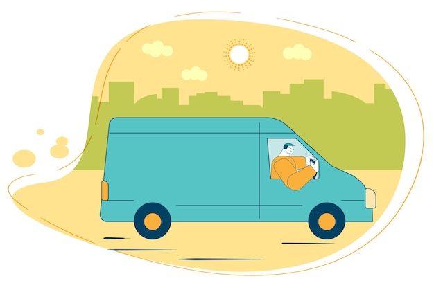 輸送会社の配達サービスの車内の漫画キャラクター