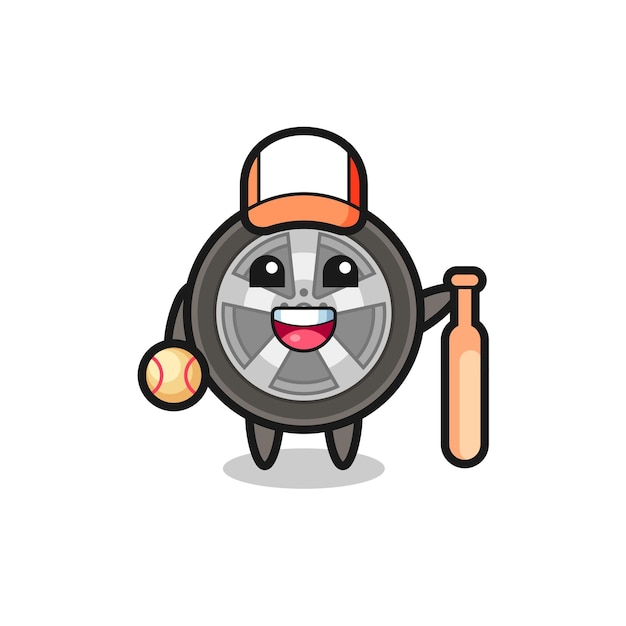 Cartoon character of car wheel as a baseball player