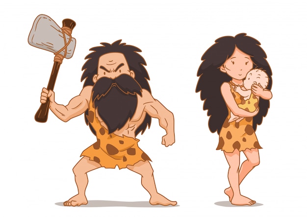Vector cartoon character of caveman holding stone axe and cavewoman carrying baby.