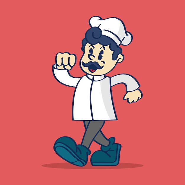 Cartoon character of a chef with a mustache and a mustache walking hand drawing