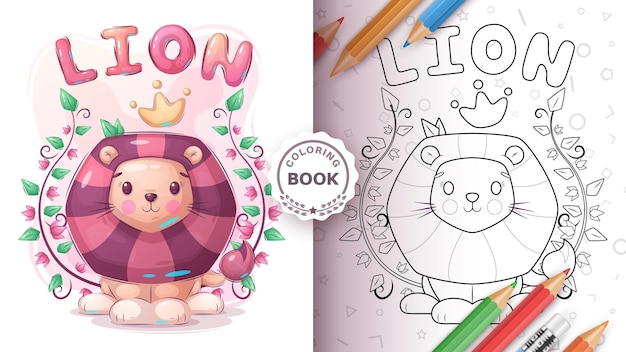 Cartoon character childish animal lion coloring book