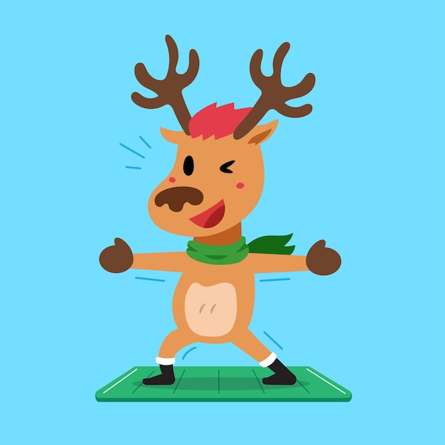 Vector cartoon character christmas reindeer exercising on yoga mat