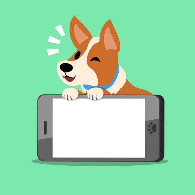 Vettore cane di corgi personaggio dei cartoni animati e grande smartphone