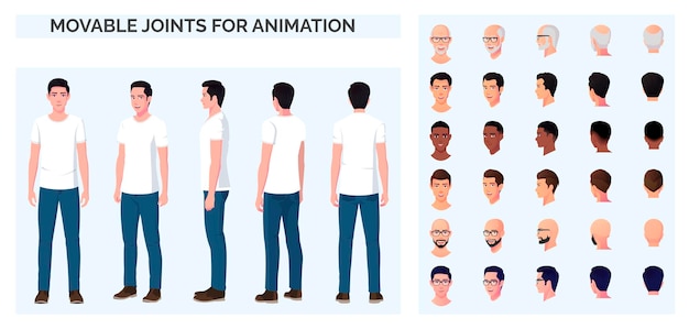 Cartoon Character creation with Man Wearing White Casual Tshirt and Blue Jeans Front Back and Side