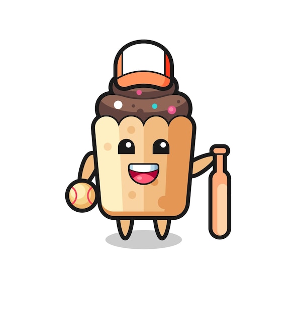 Cartoon character of cupcake as a baseball player , cute design