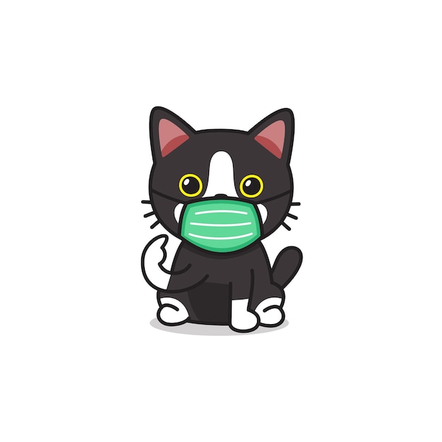 Cartoon character cute cat wearing protective face mask for design.