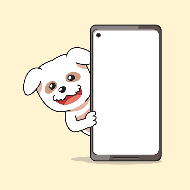 漫画のキャラクターのかわいい犬とスマートフォン