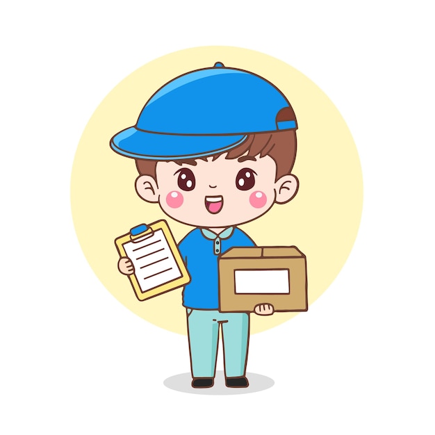 Мультипликационный персонаж курьер в униформе с отчетной бумагой и картонной коробкой