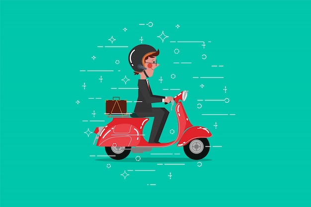 Cartoon Character design flat style. Businessman riding retro scooter