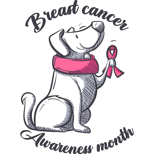 Vettore personaggio di cartone animato di un cane che tiene una cravatta rosa per il mese di consapevolezza del cancro al seno cane animato animale