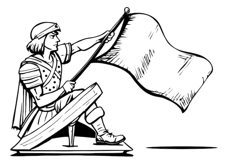 वेक्टर cartoon character drawing for a medieval knight soldier warrior raising a flag