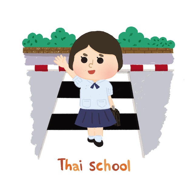 cartoon character drawing Thai female students crossing a crosswalk