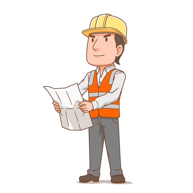 Cartoon character of engineer man holding plan paper.