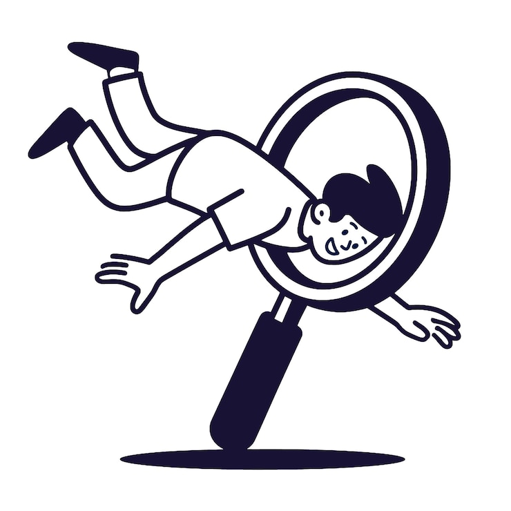 Vector cartoon character exploring with magnifying glass showcasing curiosity and excitement