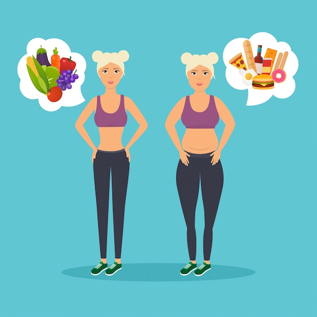 Vector cartoon character of fat woman and lean woman. diet. before and after. being fat or slim. healthy lifestyle and bad habits.