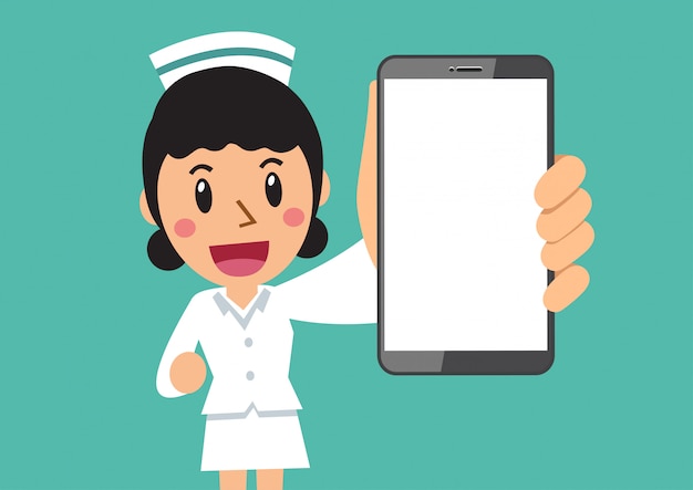 Cartoon character female nurse with blank screen smartphone