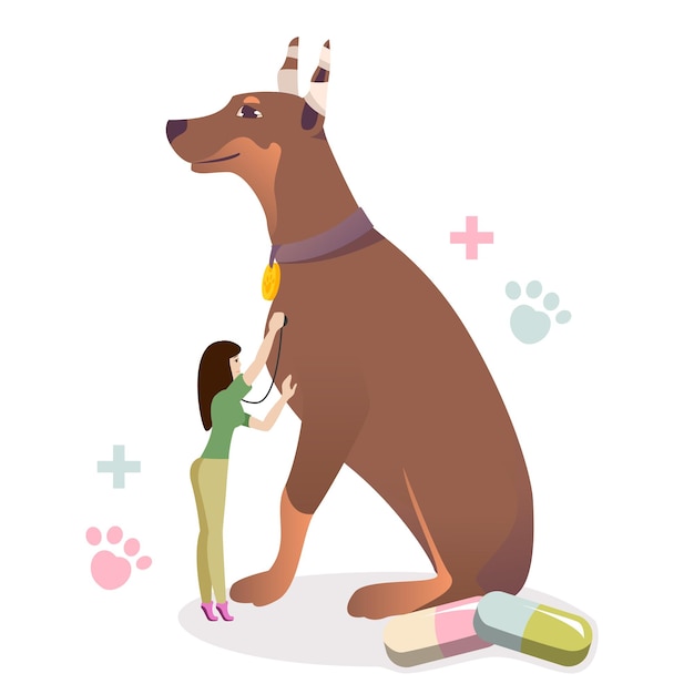 Vector cartoon character of female veterinarian checking health of dog