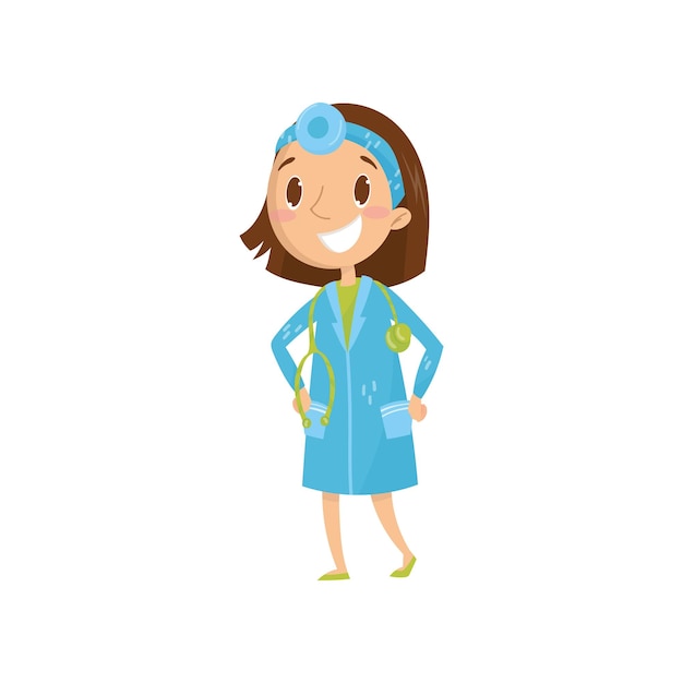 Cartoon character of girl in blue coat with stethoscope around neck and frontal mirror on head Kid dream of becoming doctor Child playing in adult Flat vector design