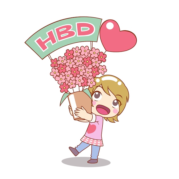 Vector cartoon character of girl holding bouquet of flowers for birthday.