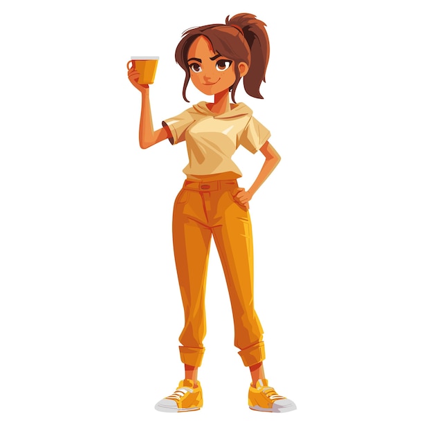 a cartoon character of a girl holding a cup of coffee