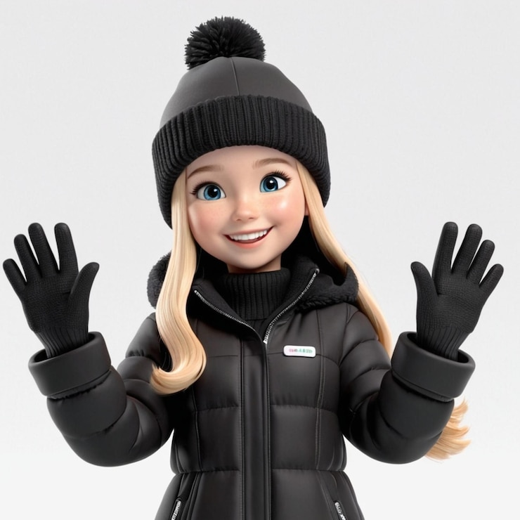 Vector cartoon character girl wearing black winter coat hat and boots smiling and waving