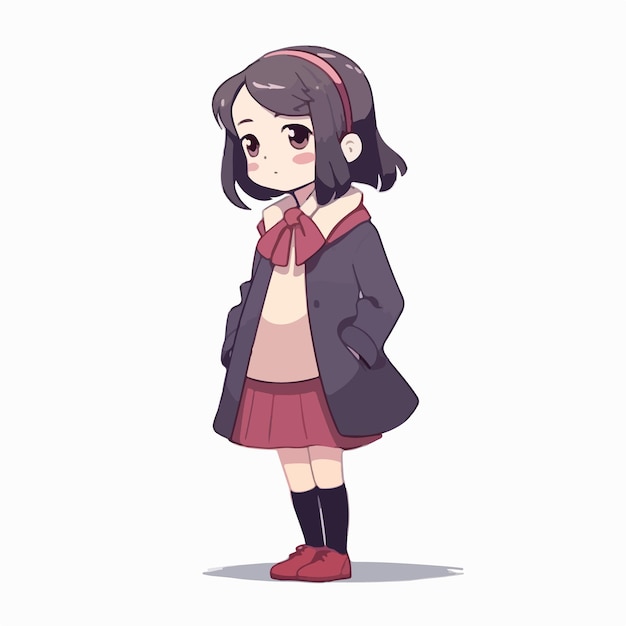 A cartoon character of a girl with a black coat on.