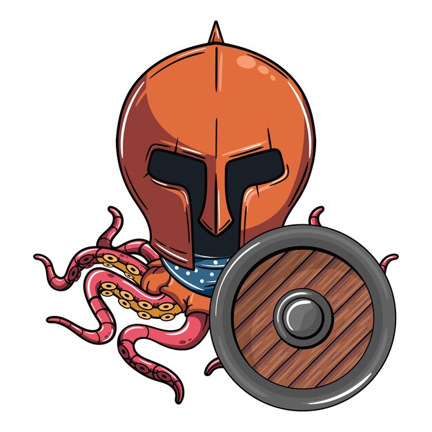 Vector cartoon character gladiator fighter octopus with protection shield illustration for fantasy science fiction and adventure comics