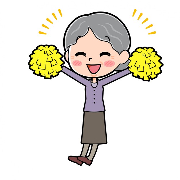 Cartoon character grandma, cheer hands up