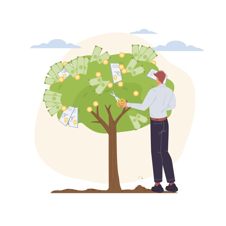 Vector cartoon  character grows profit and harvesting money income - financial investment concept for web online,site 