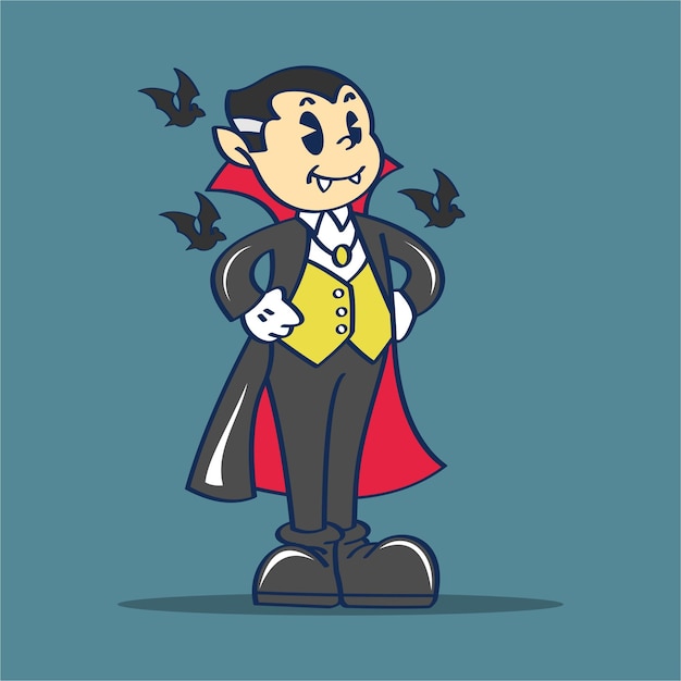 Vettore personaggio dei cartoni animati halloween dracula akimbo posa con pipistrelli disegno illustrazione vettoriale stile vintage