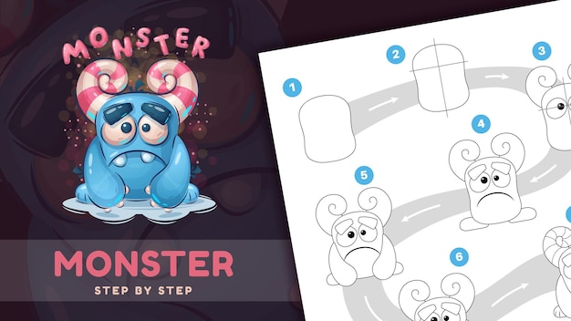 Cartoon character halloween sad monster  tutorial drawing