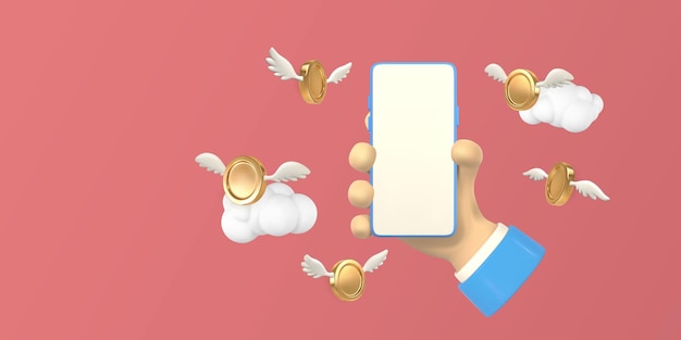 Рука персонажа мультфильма со смартфоном и золотыми монетами с крыльями, летящими в облаках векторная иллюстрация