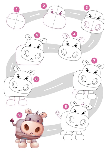 Vector cartoon character hippo step by step drawing tutorial