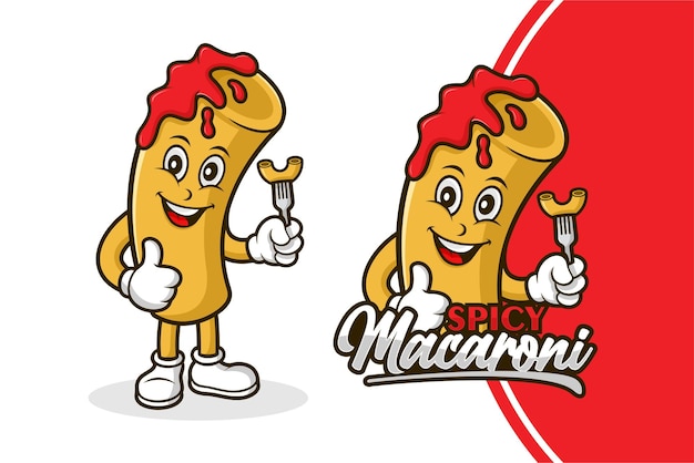 Cartoon character of a hotdog with a fork and a red circle logo for spicy macaroni.