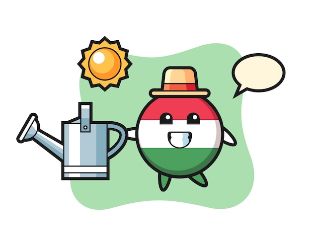 Cartoon character of hungary flag badge holding watering can