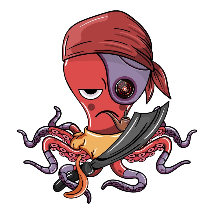 Vector cartoon character impatient pirate captain cyborg octopus with his sword smoking a pipe illustration for fantasy science fiction and adventure comics