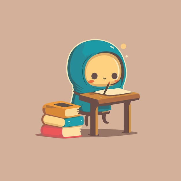 Мультипликационный персонаж учится за столом с книгами.