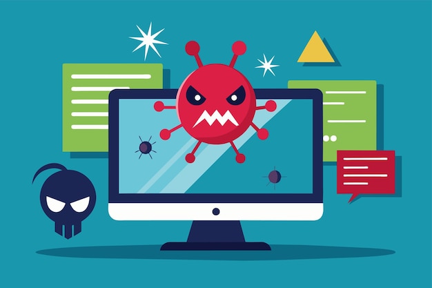 Vector a cartoon character is visible on a computer screen depicting a digital interaction computer malware virus attack simple and minimalist flat vector illustration