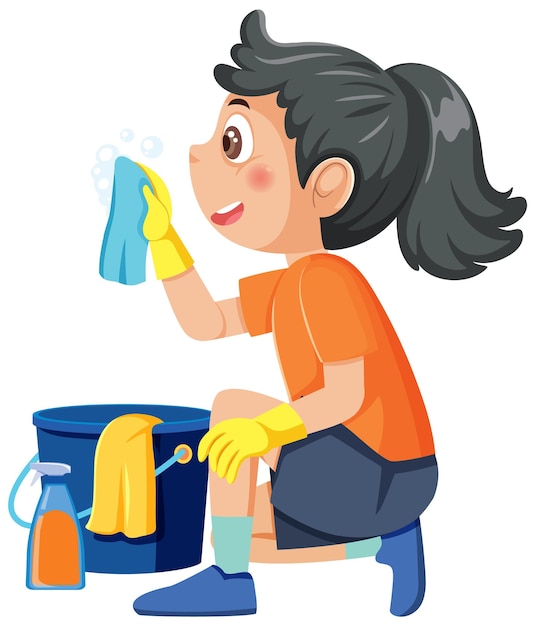 Vector cartoon character of kid cleaning