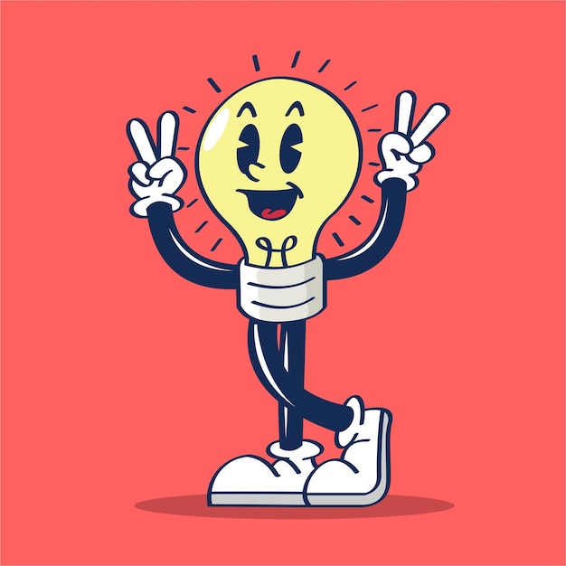 Vector cartoon character of a light bulb with the hands up 
 peace pose